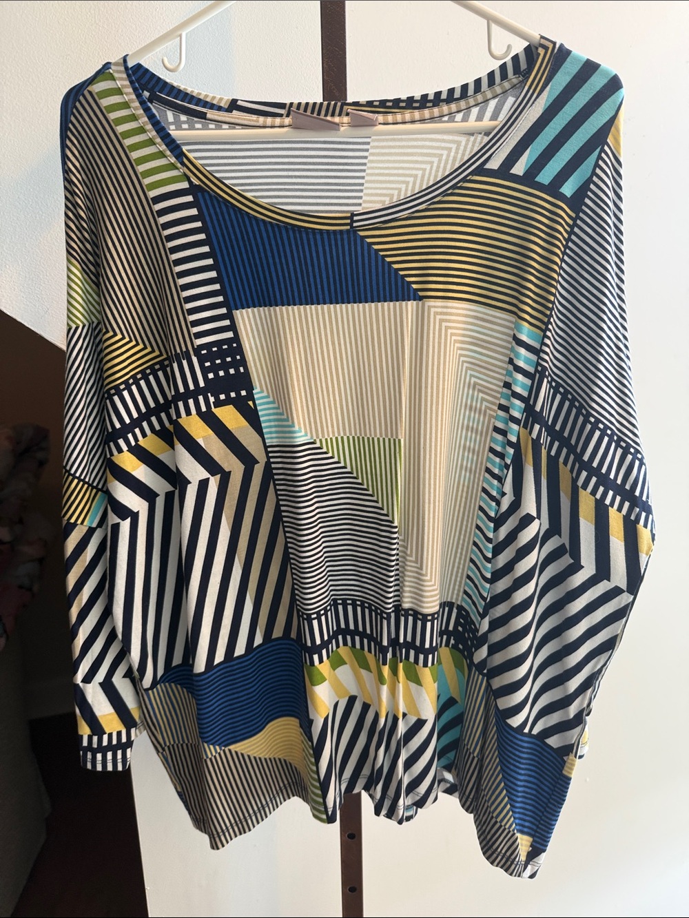 Chico's Geometric Stripe Tunic in Navy, Cream, Teal and Yellow